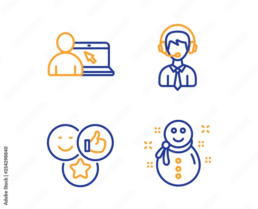 Online education, Like and Shipping support icons simple set. Snowman sign. Internet lectures, Social media likes, Delivery manager. New year. Linear online education icon. Colorful design set. Vector