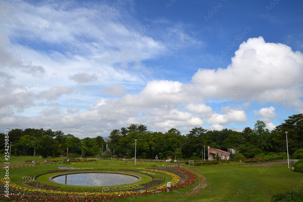 円形の大きな花壇と芝生の広場がある公園の上空に青空と夏の雲が広がっている風景