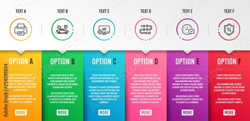 Seo adblock, Parking security and Printer icons simple set. Survey progress, Select alarm and Loan percent signs. Search engine, Video camera. Technology set. Infographic template. 6 steps timeline