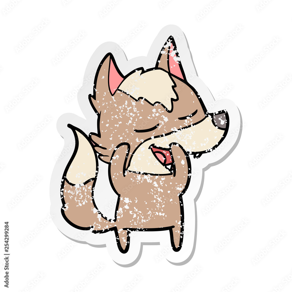 distressed sticker of a cartoon wolf laughing distressed sticker of a cartoon wolf laughing
