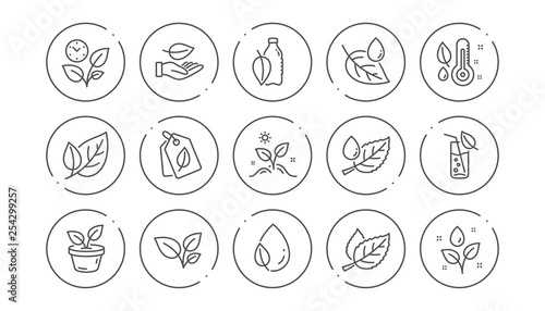 Plants line icons. Leaf, Growing plant and Humidity thermometer. Water drop linear icon set. Line buttons with icon. Editable stroke. Vector