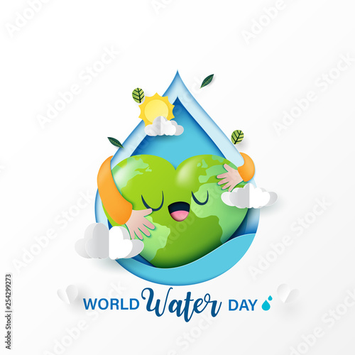 World water day.Paper art of love nature and save water for ecology and environment conservation concept design.Vector illustration.