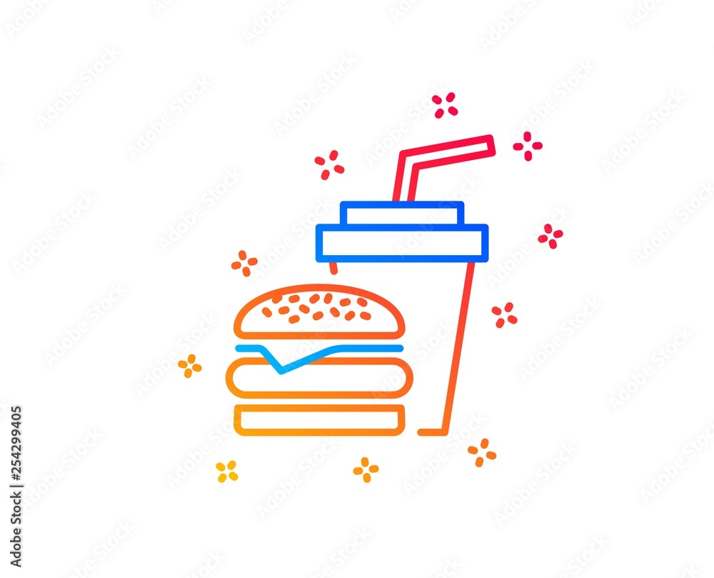 Hamburger with drink line icon. Fast food restaurant sign. Hamburger or cheeseburger symbol. Gradient design elements. Linear hamburger icon. Random shapes. Vector