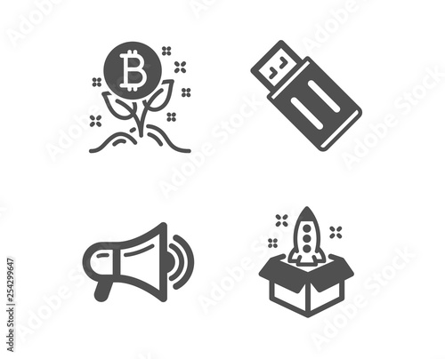 Set of Megaphone, Bitcoin project and Usb flash icons. Startup sign. Advertisement, Cryptocurrency startup, Memory stick. Innovation. Classic design megaphone icon. Flat design. Vector
