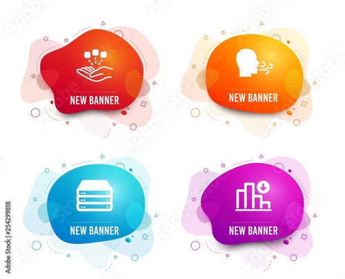 Liquid badges. Set of Servers, Breathing exercise and Consolidation icons. Decreasing graph sign. Big data, Breath, Strategy. Crisis chart.  Gradient servers icon. Flyer fluid design. Abstract shapes