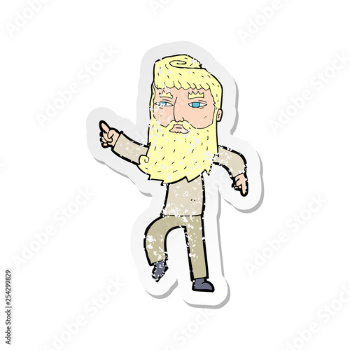 retro distressed sticker of a cartoon bearded man pointing the way