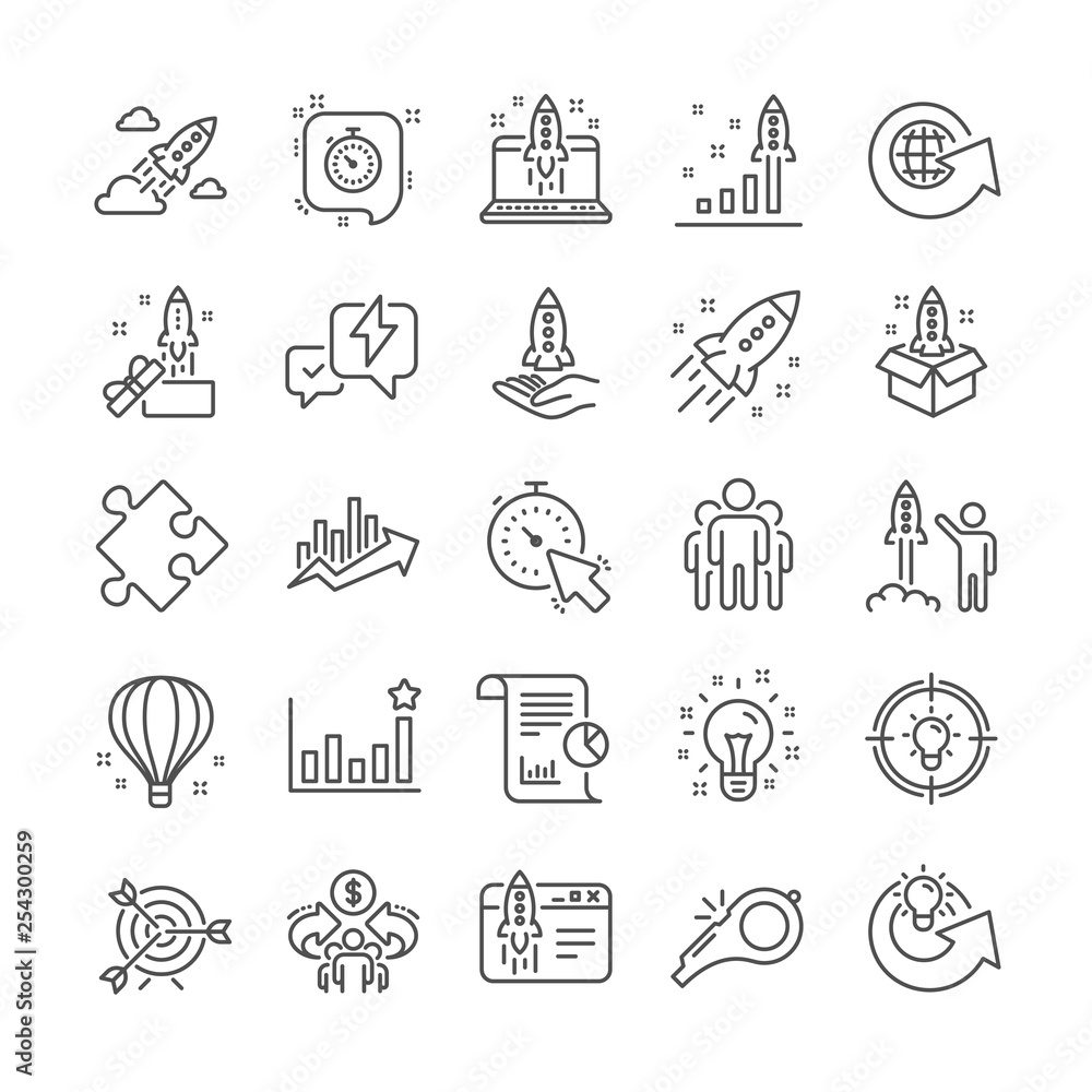 Startup line icons. Business report, Launch Project, Target icons. Strategy, Development plan, Startup space rocket. Air balloon, Out of the Box strategy and Business innovation report. Vector Startup line icons. Business report, Launch Project, Target icons. Strategy, Development plan, Startup space rocket. Air balloon, Out of the Box strategy and Business innovation report. Vector