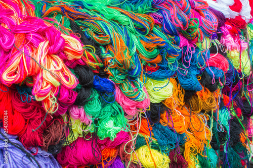 Colorful knitting threads in Otavalo market, Ecuador