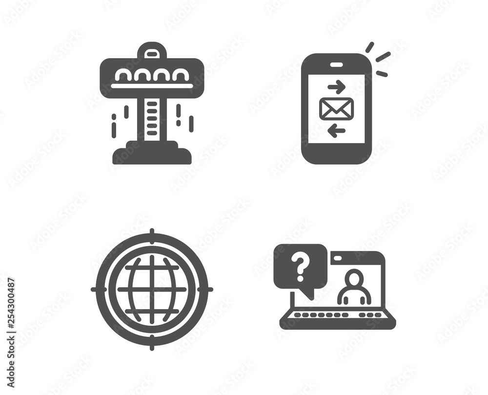 Set of Attraction, Seo internet and Mail icons. Faq sign. Free fall, Globe, Smartphone communication. Web support. Classic design attraction icon. Flat design. Vector Set of Attraction, Seo internet and Mail icons. Faq sign. Free fall, Globe, Smartphone communication. Web support. Classic design attraction icon. Flat design. Vector