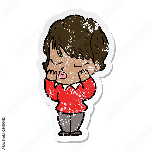 distressed sticker of a cartoon woman with eyes shut