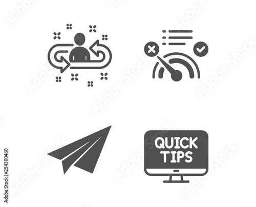 Set of No internet, Paper plane and Recruitment icons. Web tutorials sign. Bandwidth meter, Airplane, Manager change. Quick tips.  Classic design no internet icon. Flat design. Vector