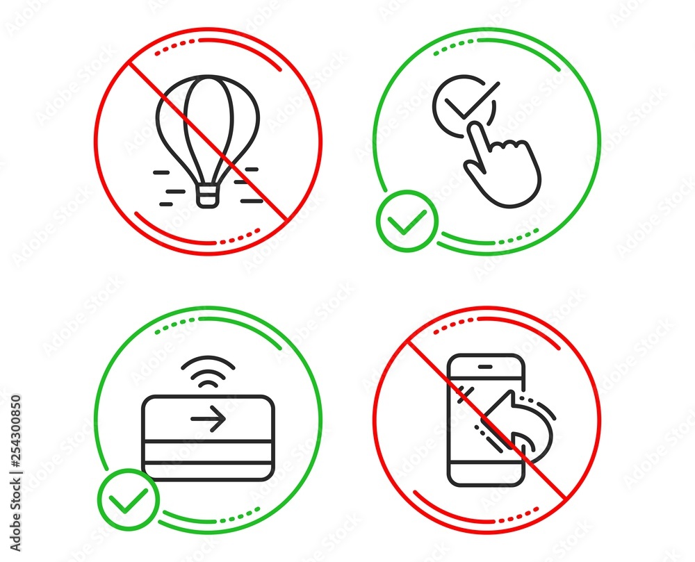 Do or Stop. Checkbox, Contactless payment and Air balloon icons simple set. Incoming call sign. Approved, Financial payment, Flight travel. Phone support. Technology set. Line checkbox do icon Do or Stop. Checkbox, Contactless payment and Air balloon icons simple set. Incoming call sign. Approved, Financial payment, Flight travel. Phone support. Technology set. Line checkbox do icon