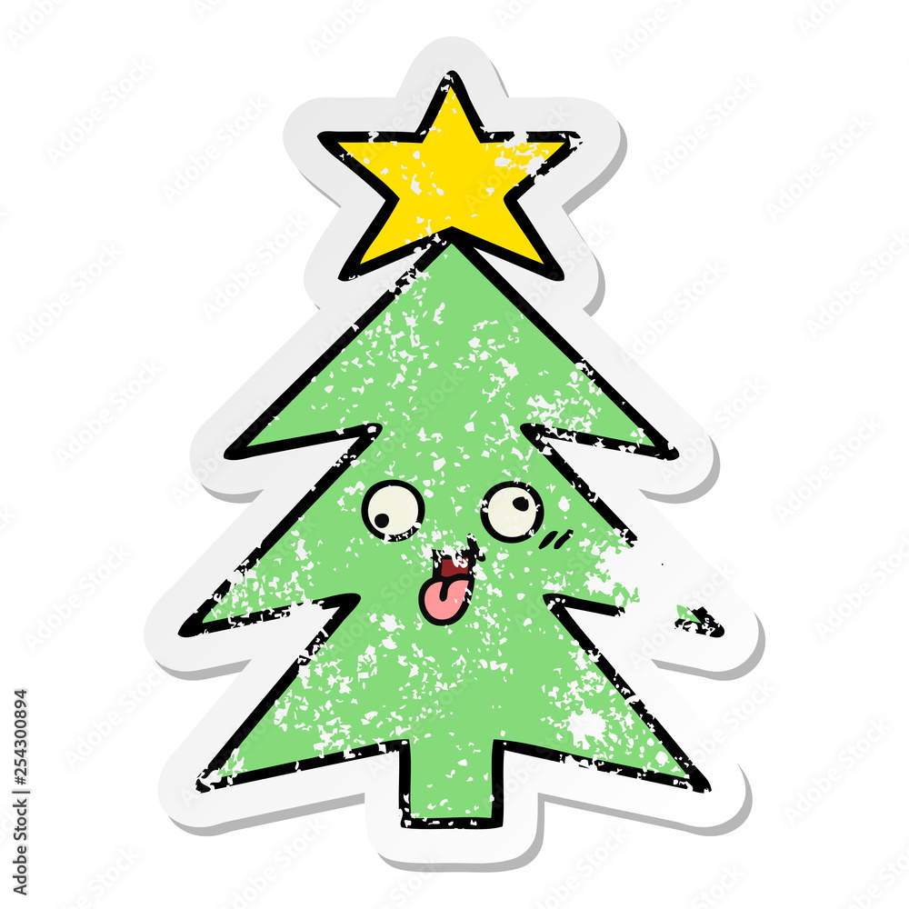 distressed sticker of a cute cartoon christmas tree distressed sticker of a cute cartoon christmas tree