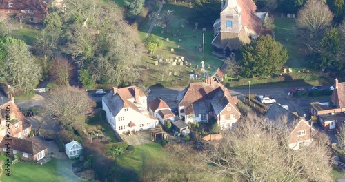 Aerial view of houses and St Mary's church in High Halden village, located in Kent (The Garden Of England) UK photo