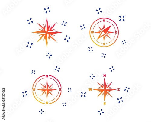 Windrose navigation icons. Compass symbols. Coordinate system sign. Random dynamic shapes. Gradient windrose icon. Vector