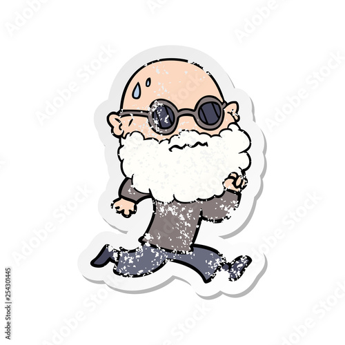 distressed sticker of a cartoon running man with beard and sunglasses sweating