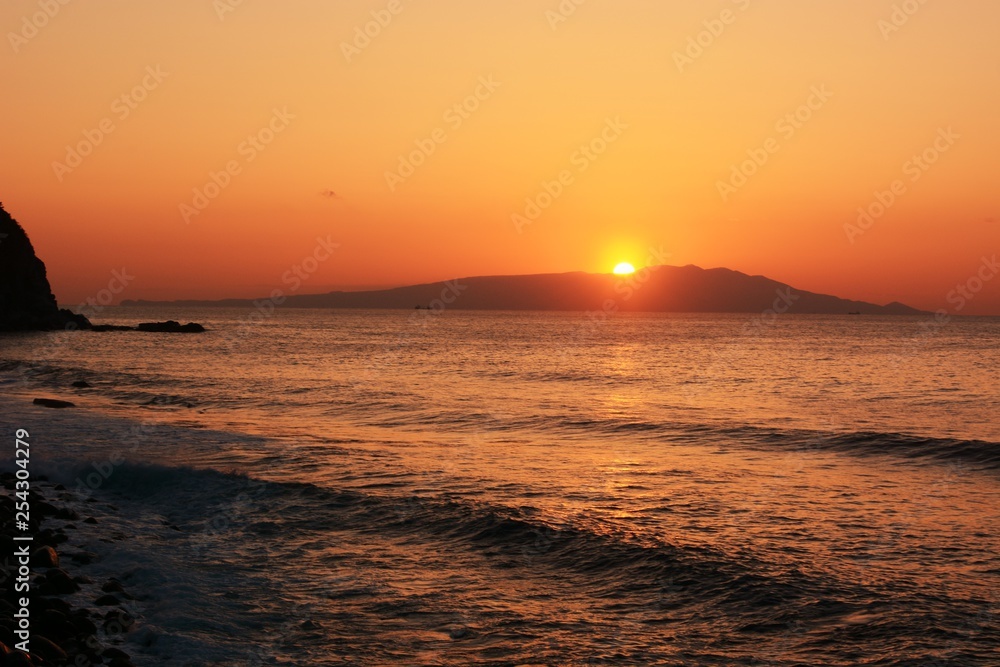 The sunrise and Japanese sightseeing spot Izu Oshima Island.