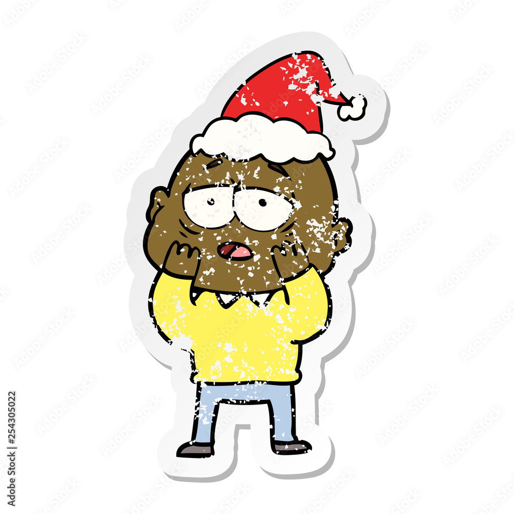 distressed sticker cartoon of a tired bald man wearing santa hat distressed sticker cartoon of a tired bald man wearing santa hat