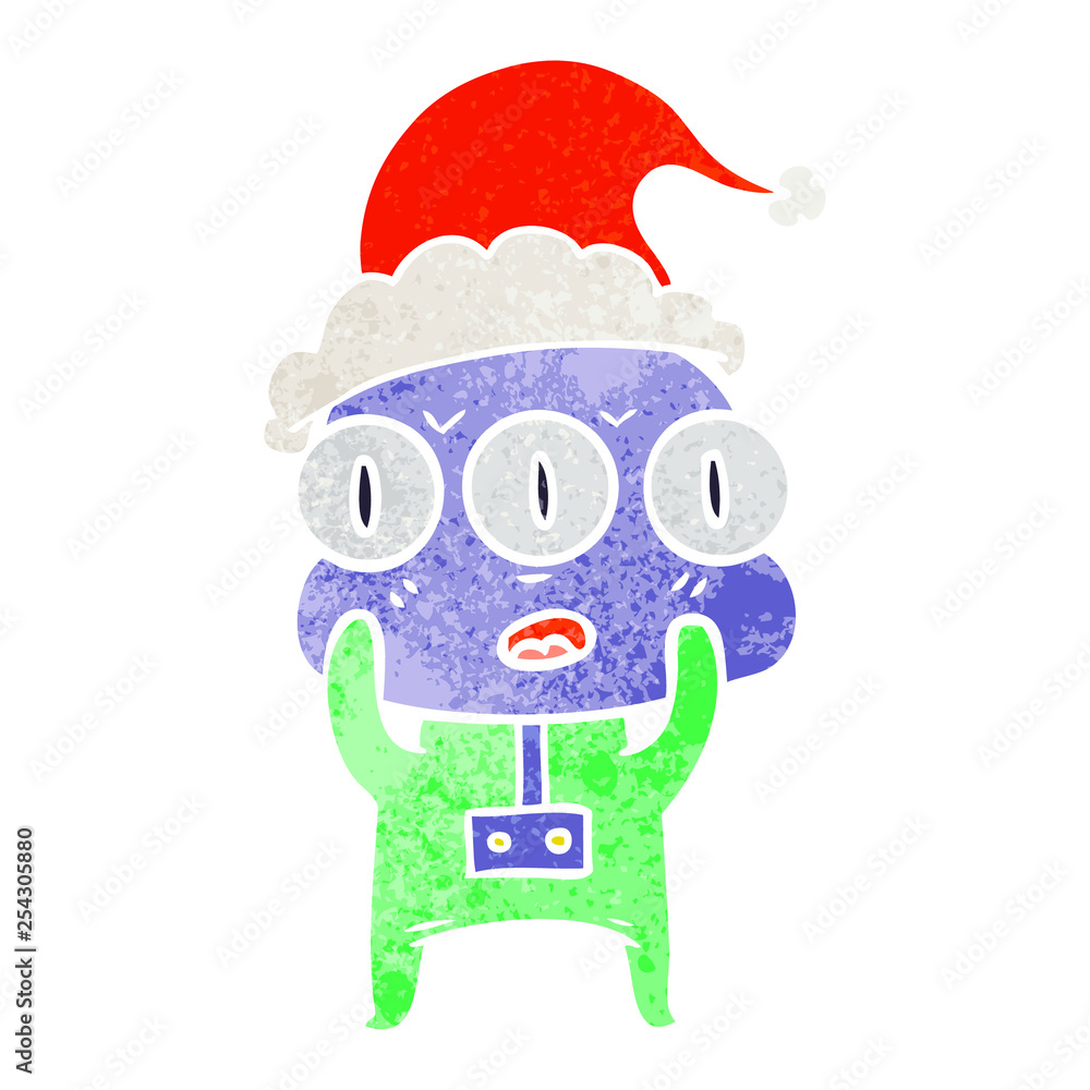retro cartoon of a three eyed alien wearing santa hat retro cartoon of a three eyed alien wearing santa hat
