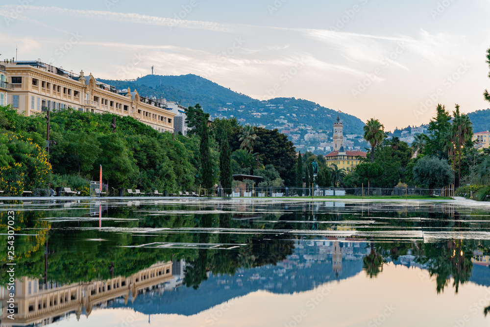 Promenade du Paillon park with beautiful reflection at Nice