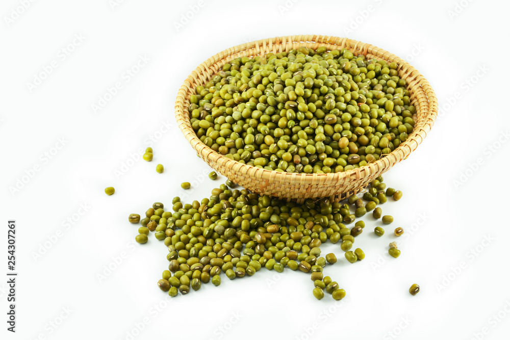 Mung beans seed cereal whole grains in the basket and isolated on white background Mung beans seed cereal whole grains in the basket and isolated on white background