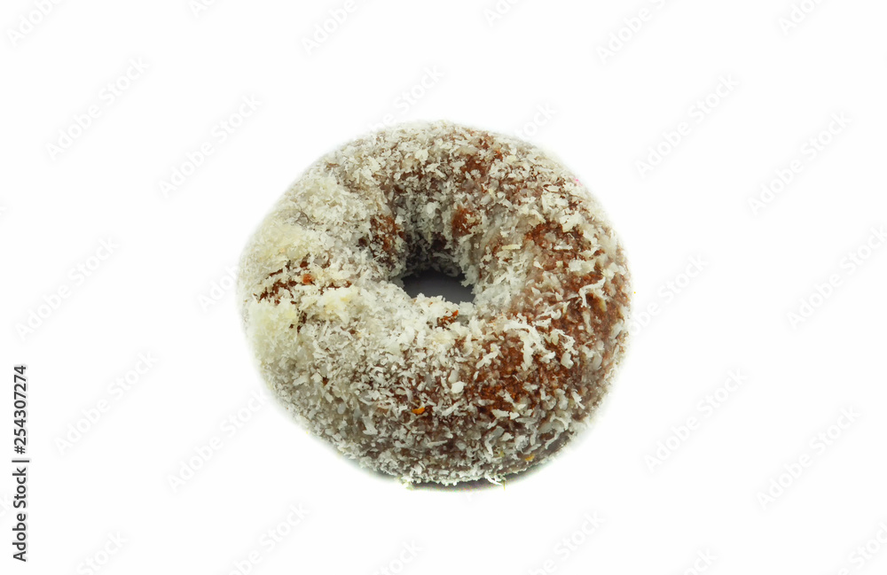 Close up of donuts with white sugar and Coconut chocolate tasty isolated on white background Close up of donuts with white sugar and Coconut chocolate tasty isolated on white background