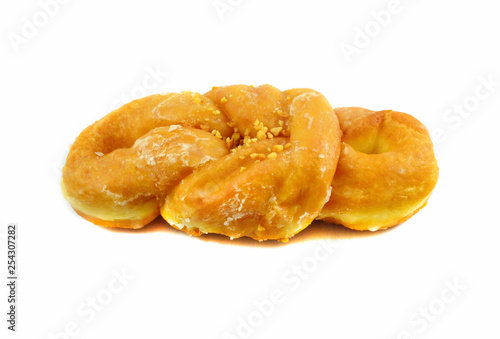 Sweet donut dessert cook homemade with sugar and nuts isolated on white background