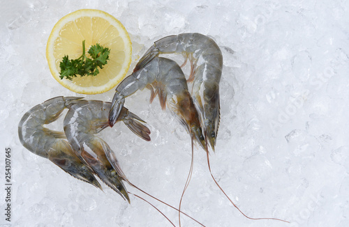 Fresh raw shrimps prawns and lemon on ice background in the seafood supermarket