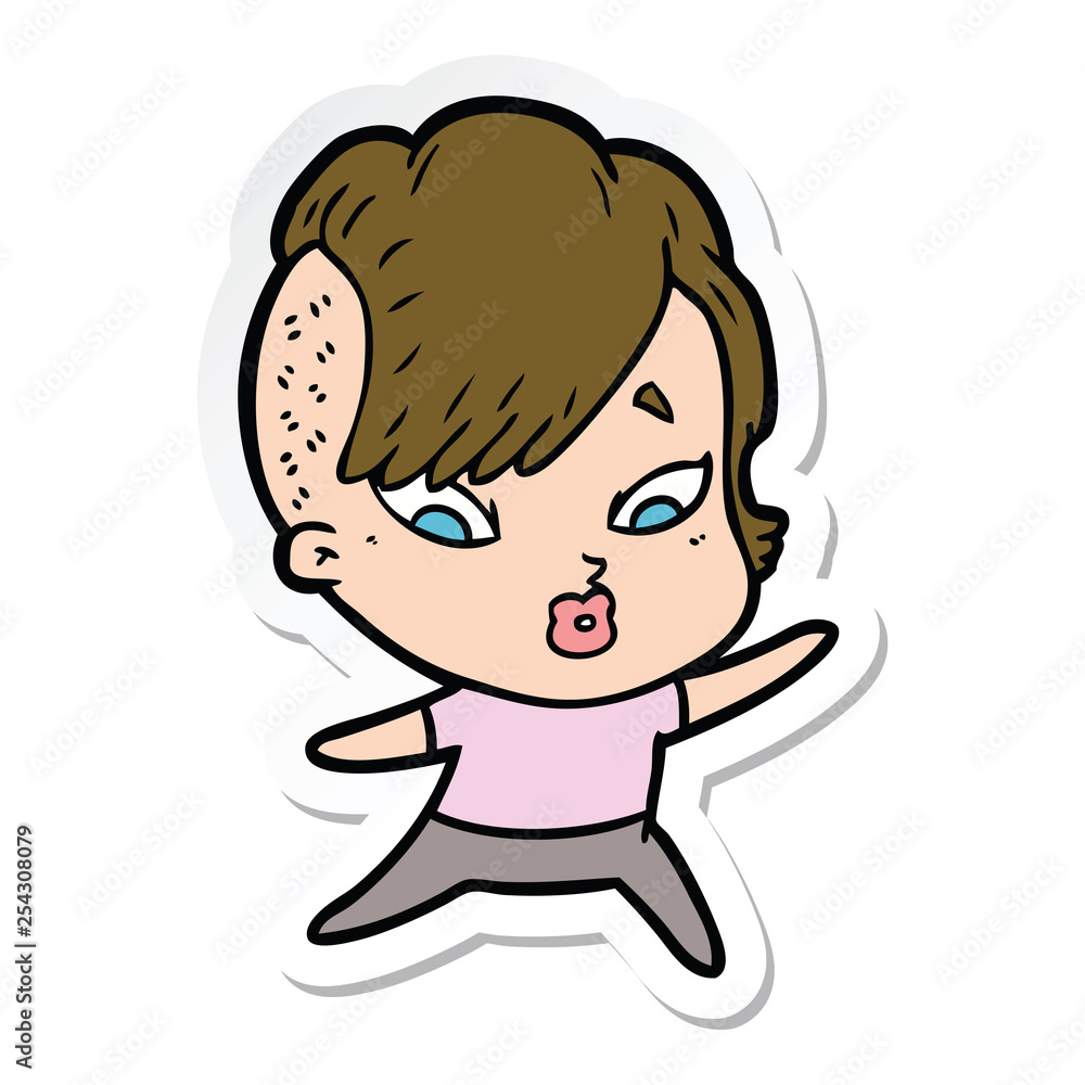 sticker of a cartoon surprised girl pointing sticker of a cartoon surprised girl pointing