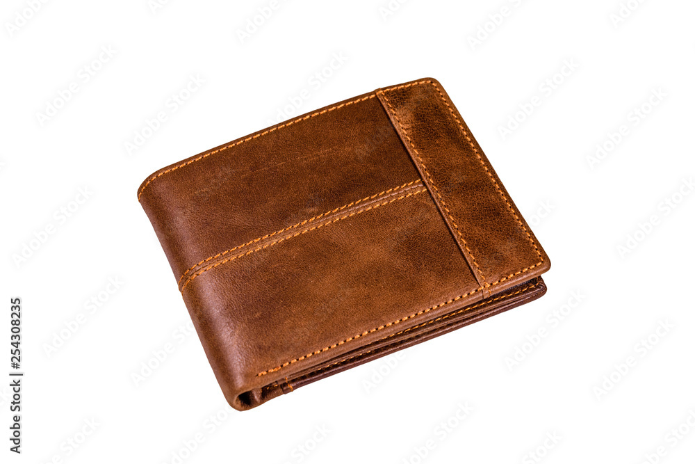 Closed brown leather wallet isolated on a white background Closed brown leather wallet isolated on a white background