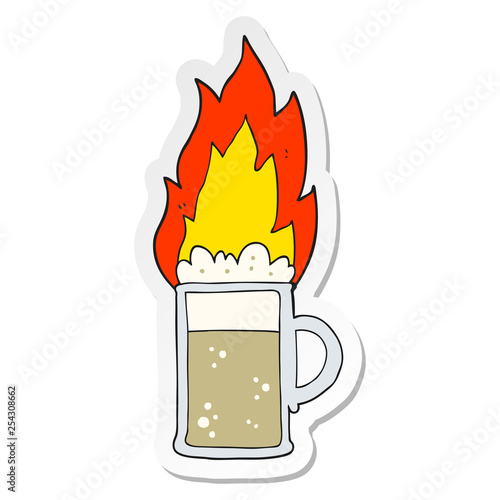 sticker of a cartoon flaming tankard of beer