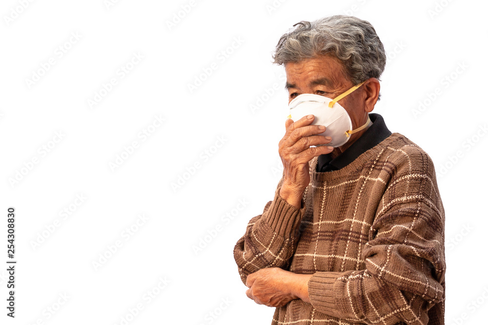 Grandma uses a mask to prevent dust isolated on white background. Grandma uses a mask to prevent dust isolated on white background.