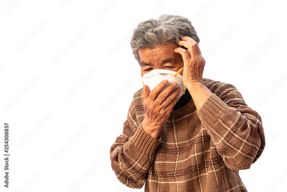 Grandma uses a mask to prevent dust isolated on white background. Grandma uses a mask to prevent dust isolated on white background.