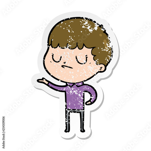 distressed sticker of a cartoon grumpy boy