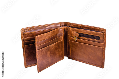 Opened brown leather wallet isolated on a white background