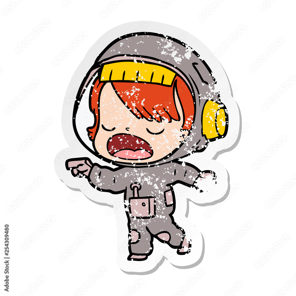 Fototapeta premium distressed sticker of a cartoon talking astronaut