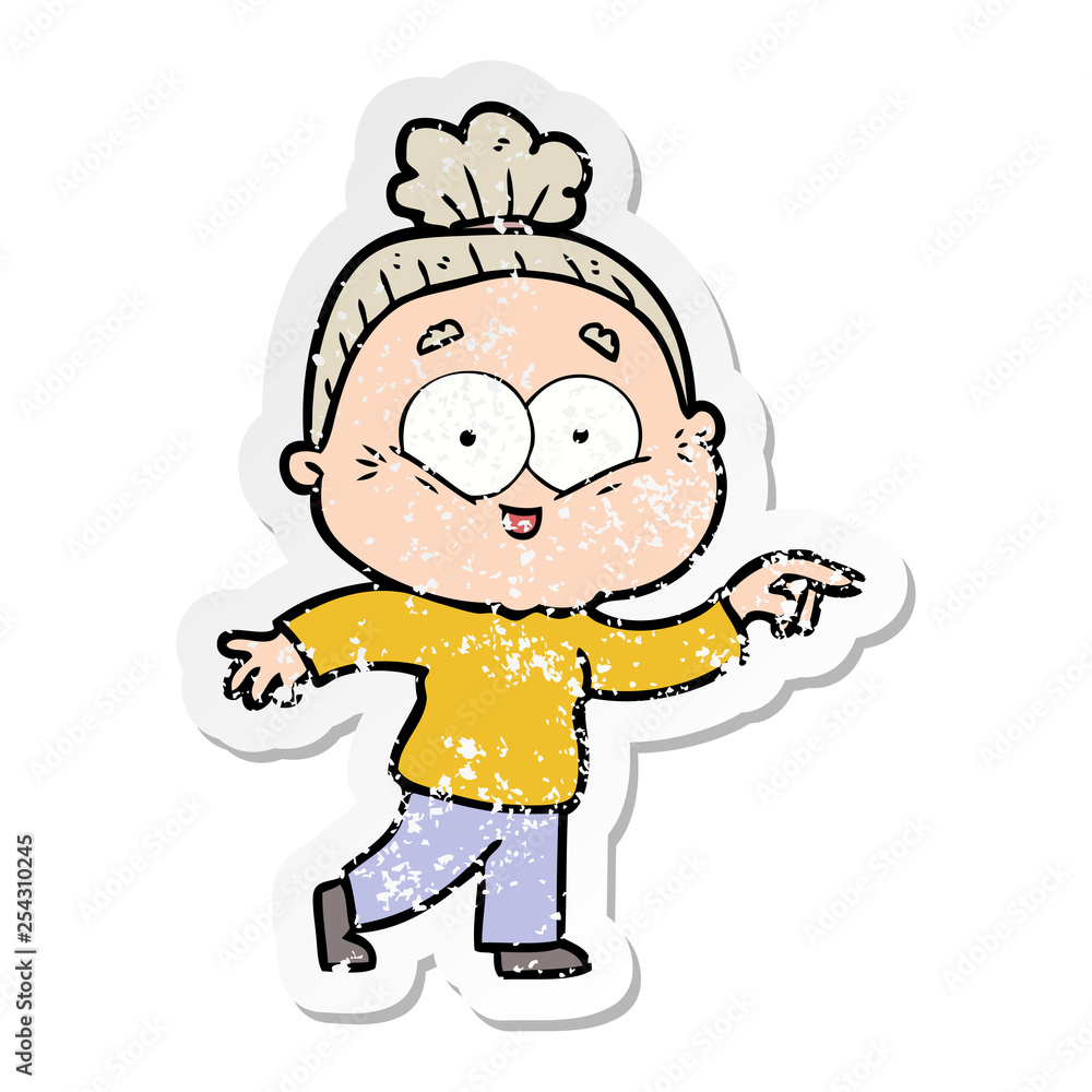 distressed sticker of a cartoon happy old woman distressed sticker of a cartoon happy old woman