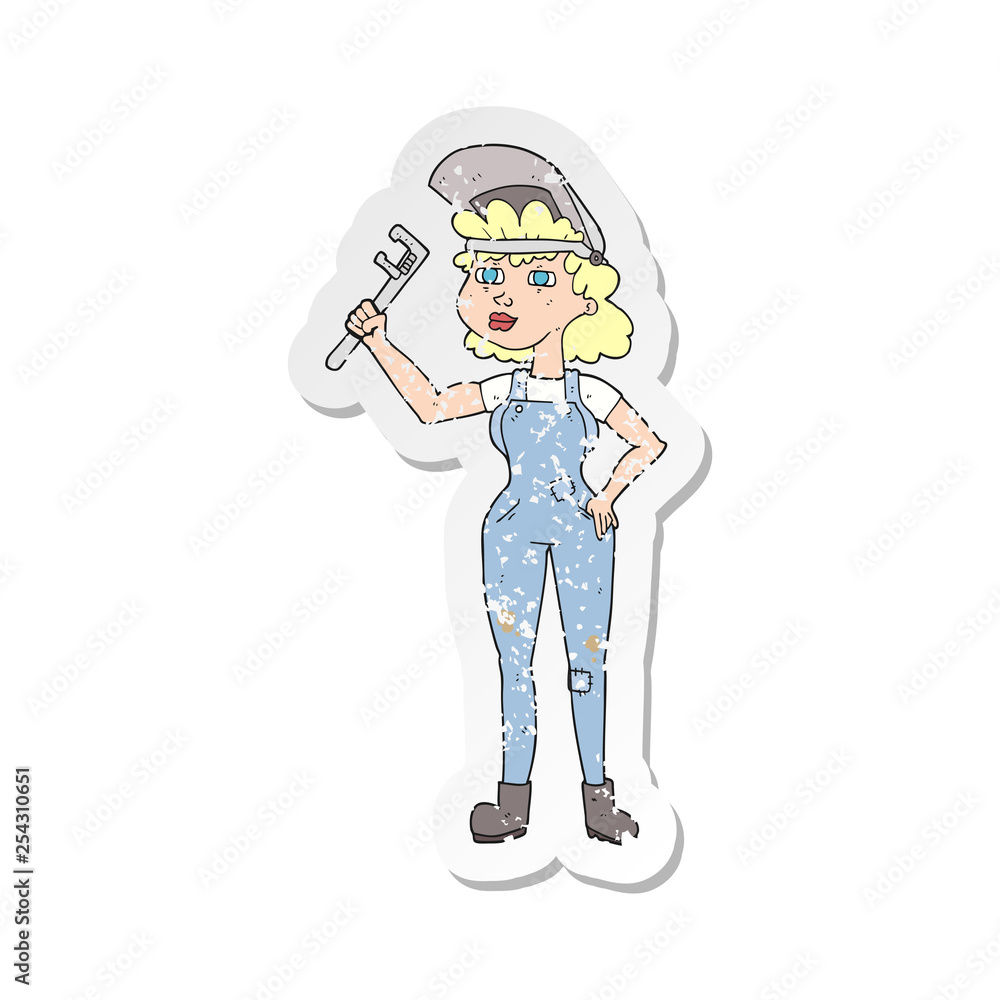 retro distressed sticker of a cartoon capable woman with wrench retro distressed sticker of a cartoon capable woman with wrench