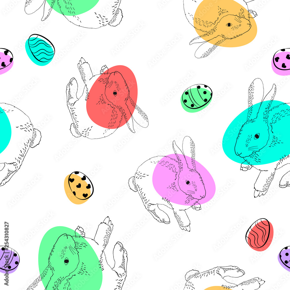 hand drawn hares with colorful eggs seamless pattern. Easter day concept. Illustration isolated on white background.