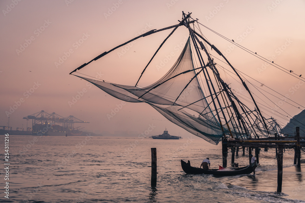 Chinese fishing nets during the Golden Hours at Fort Kochi, Kerala, India
