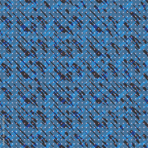 Abstract seamless pattern with ink spatter shapes in geometric layout. Black, blue and tan vector illustration.