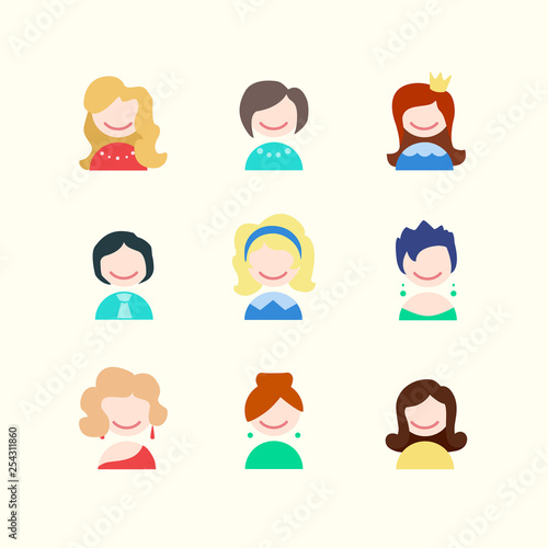 Female faces avatars. Girl icons. Happy people with different hairstyles. Vector illustration