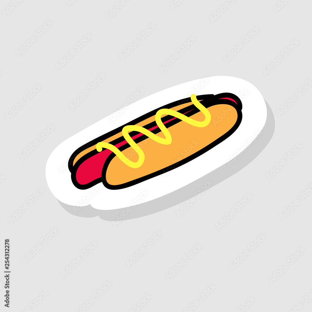 Isolated image for badge, sticker or patch. Vector illustration. Drawing of a tasty hot dog Isolated image for badge, sticker or patch. Vector illustration. Drawing of a tasty hot dog