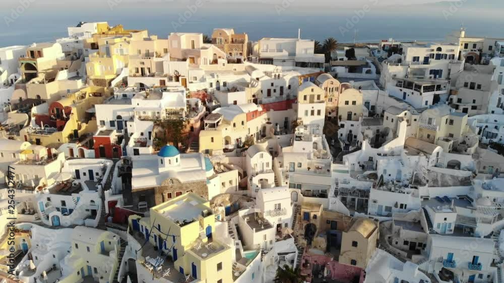 Aerial of iconic whitewashed architecture of Greek Islands on Santorini Aerial of iconic whitewashed architecture of Greek Islands on Santorini