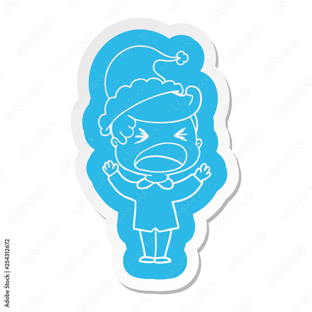 cartoon  sticker of a shouting man wearing santa hat