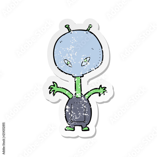 retro distressed sticker of a cartoon space alien