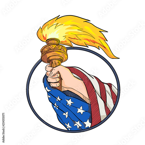 Drawing sketch style illustration of a hand holding a Statue of Liberty torch with American USA stars and stripes flag draped on arm set inside oval on isolated white background in full color.