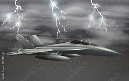 An army plane on bad weather sky
