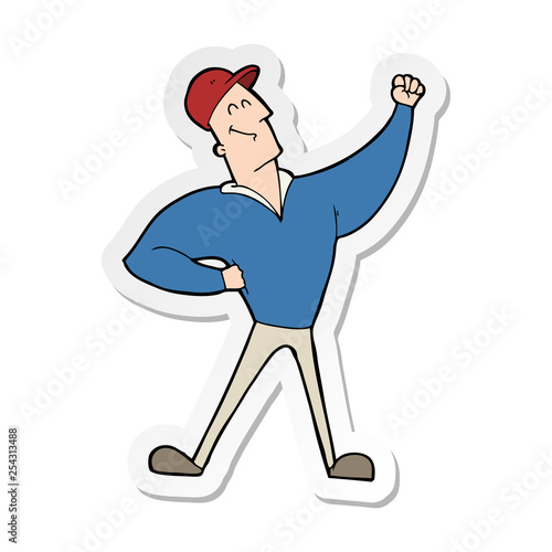 sticker of a cartoon man striking heroic pose