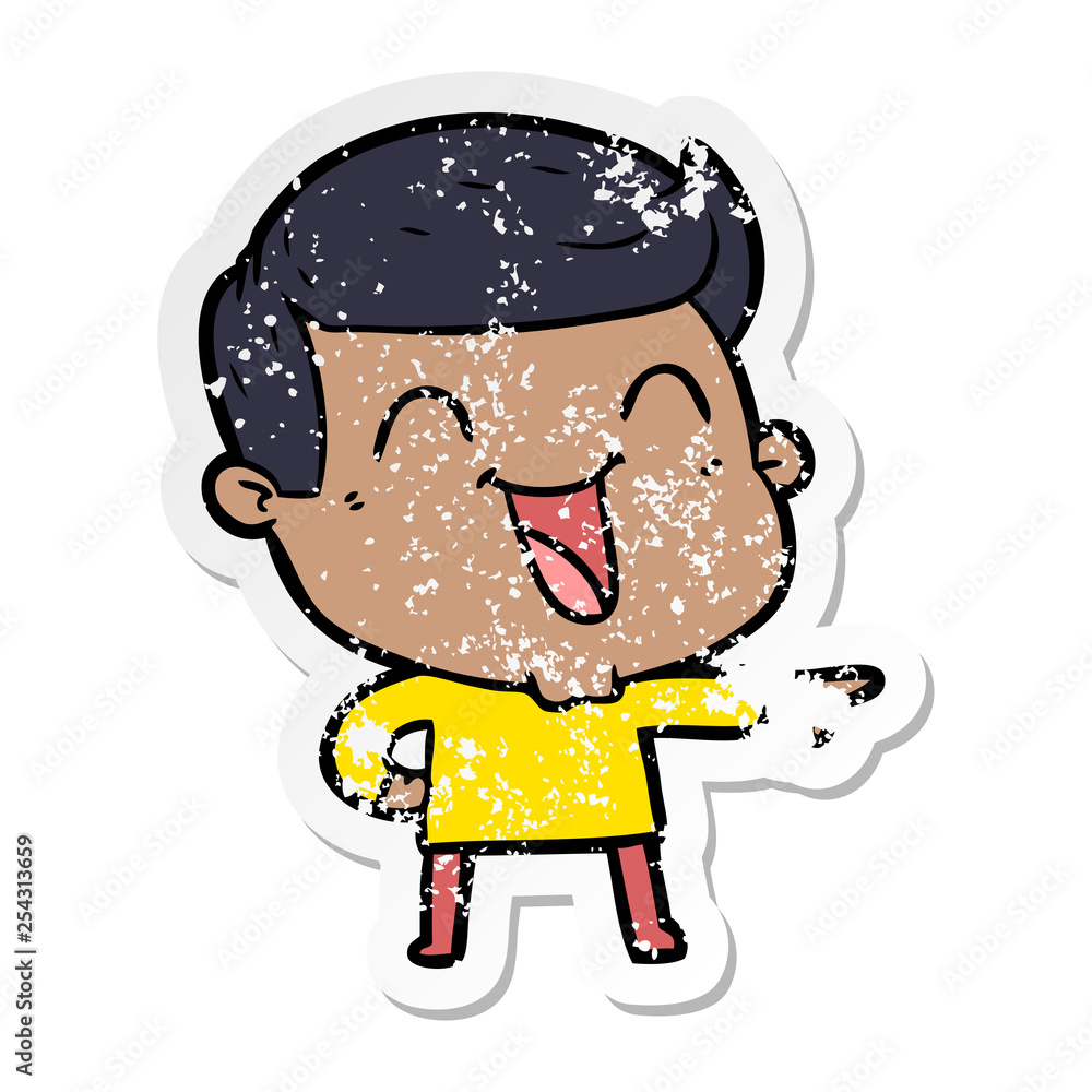 distressed sticker of a cartoon man laughing distressed sticker of a cartoon man laughing